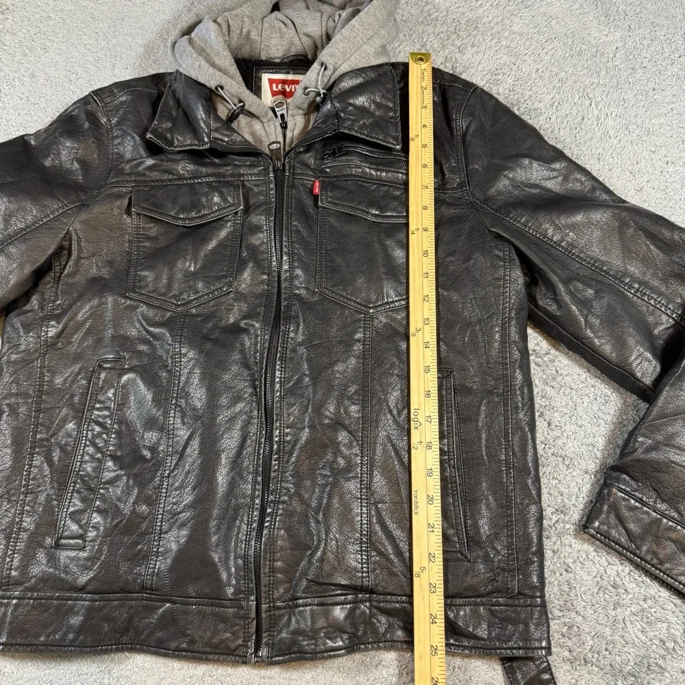 Levi's Mens Faux Leather Hooded Jacket Medium Black Faux Fur Lined Moto Coat